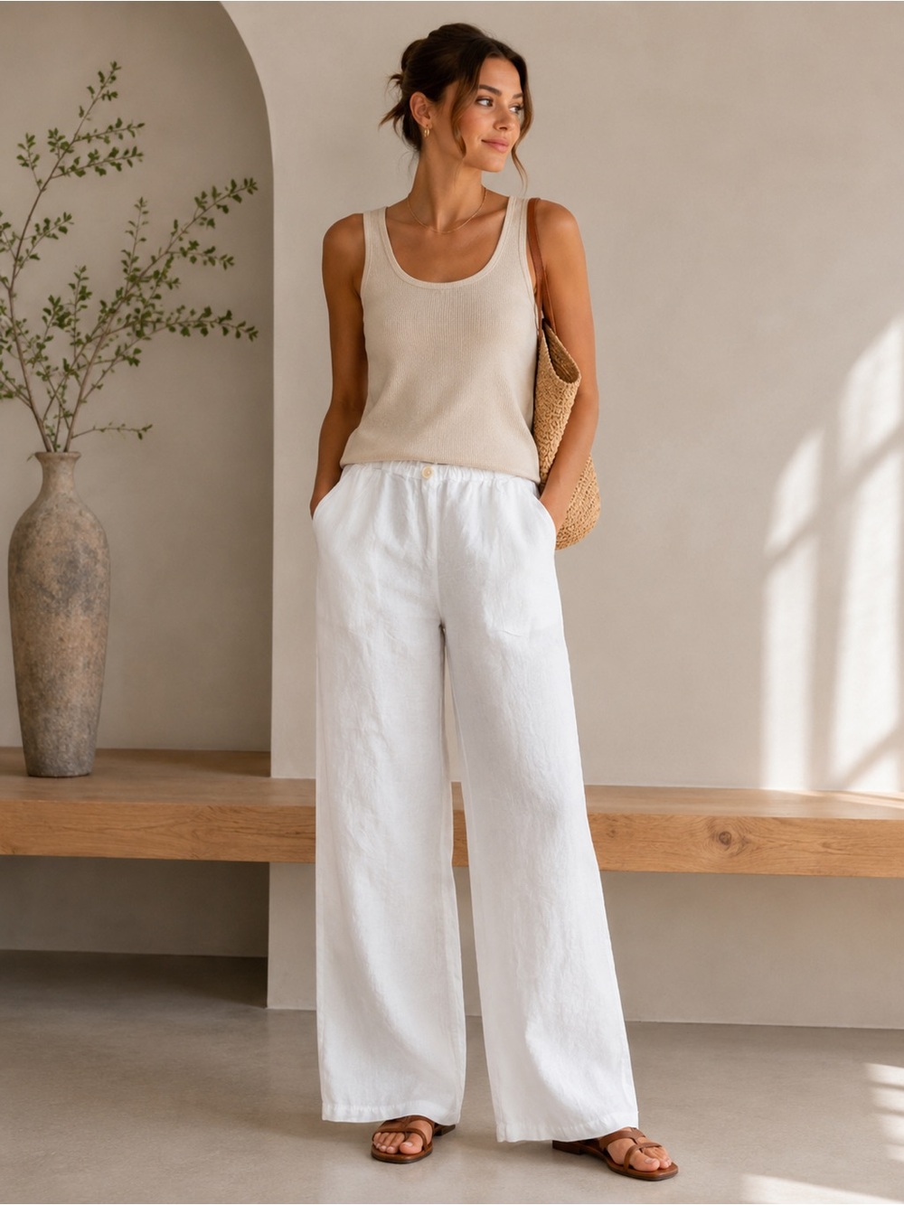 CP Shades White Linen Wide Leg Pants Elastic Waist Pockets Size Small